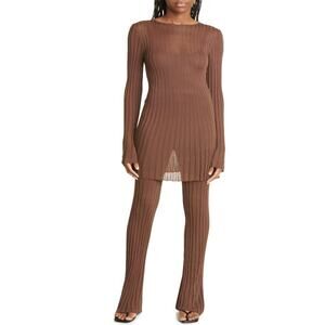 NWT SIR The Label Aya Ribbed Long Sleeve Tunic Top & Pants In Chocolate